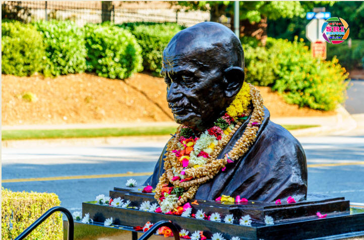 Newly unveiled bust of Mahatma Gandhi in front of the Indian consulate in Atlanta